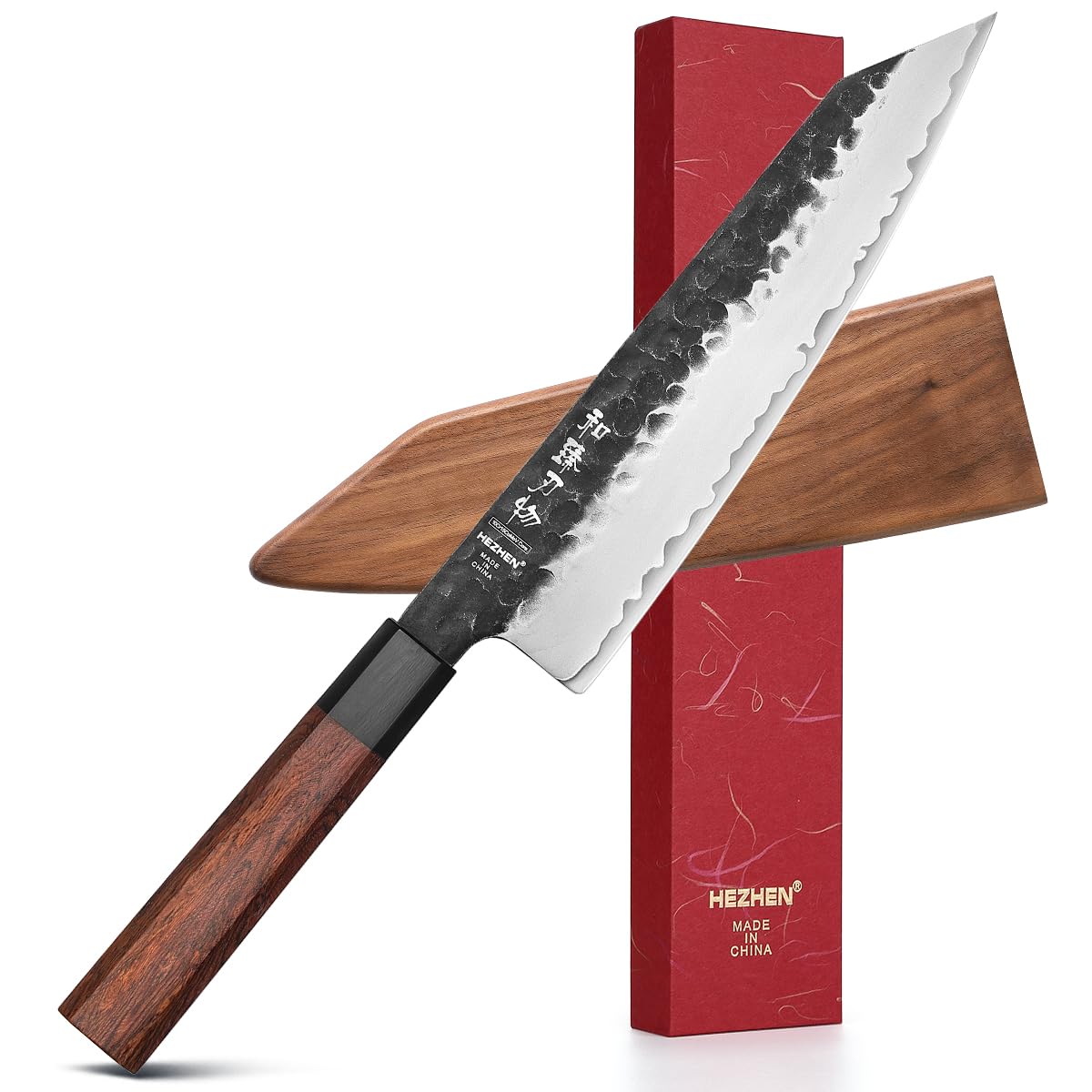 HEZHEN - Couteau Kiritsuke de 21,5 cm, couteau de chef en acier forgé composite à 3 couches, couteau de cuisine japonais professionnel, manche octogonal en bois rouge et fourreau en bois