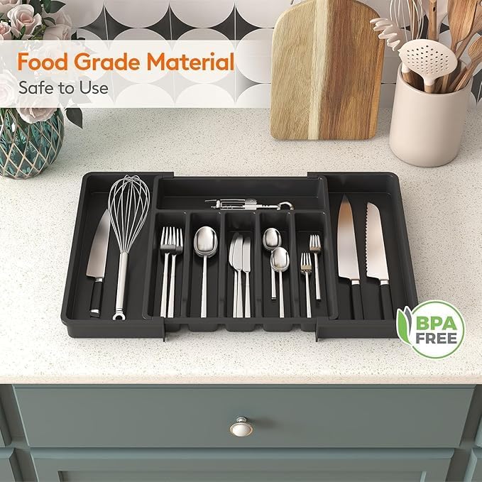 Image of Aroja Utensil Organizer for Kitchen Drawer, Expandable Cooking Silverware Tray, Adjustable Cutlery Flatware Holder, Plastic Spatula Tools Storage Divider (BLACK PACK OF 2)