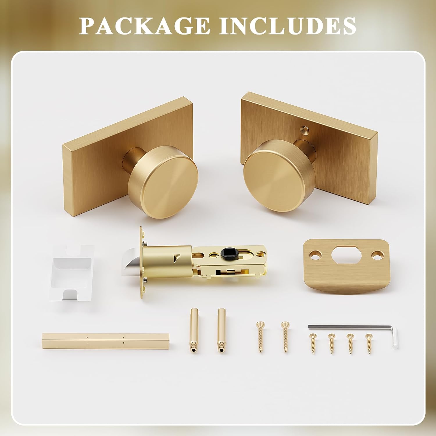 Satin Brass Door Knobs Interior, Modern Round Passage Brushed Gold Brass Door Knobs Door Handles Contemporary for Hall and Closet Rectangle