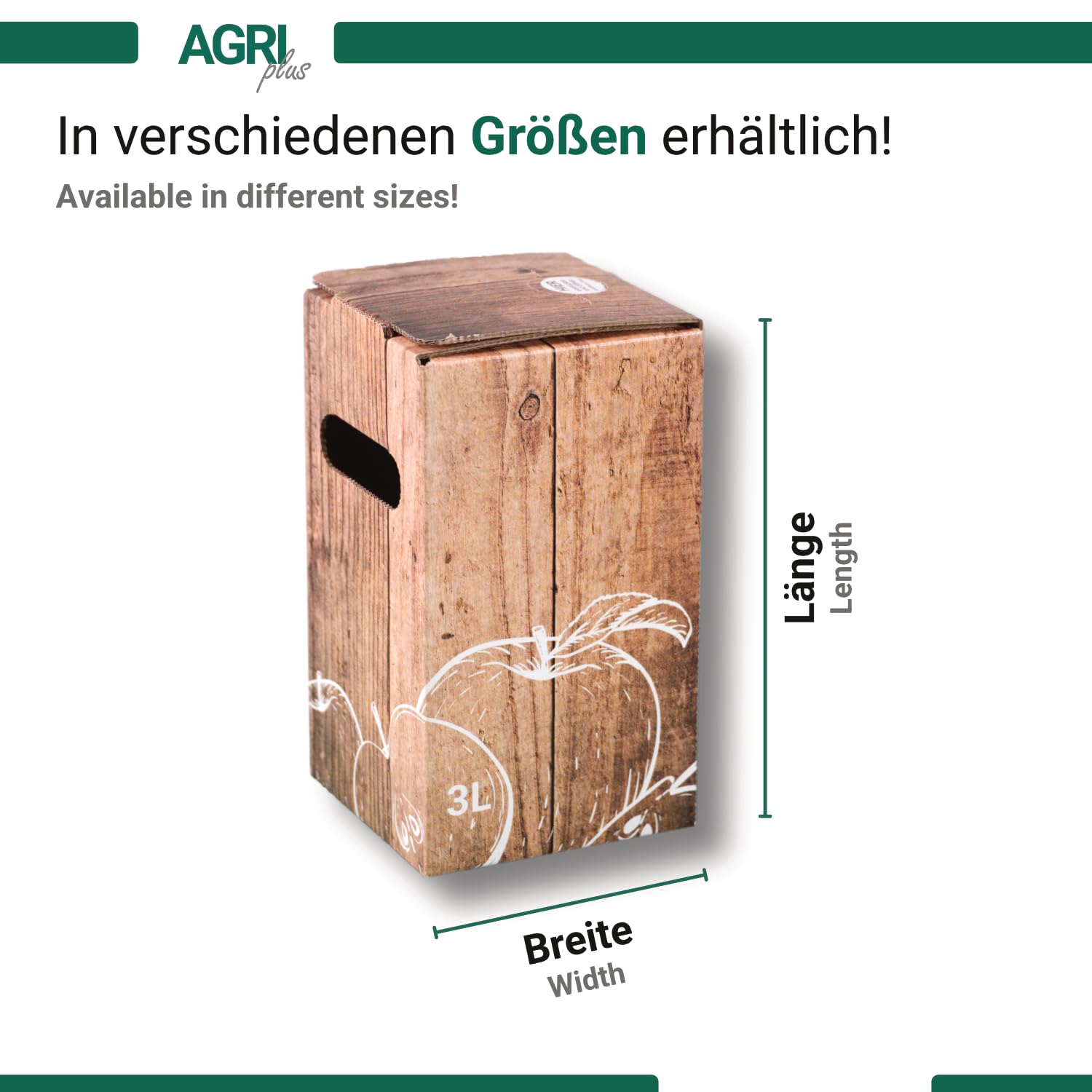AGRI plus Bag-in-Box-Beutel mit Karton I 3 Liter I 50 Stück I Hochwertiges Saftbeutel-Set mit Holzkiste-Apfel-Motiv I Bis zu 40 x wiederverwendbar I Standboden-Beutel für Apfelsaft, Saft & Wein