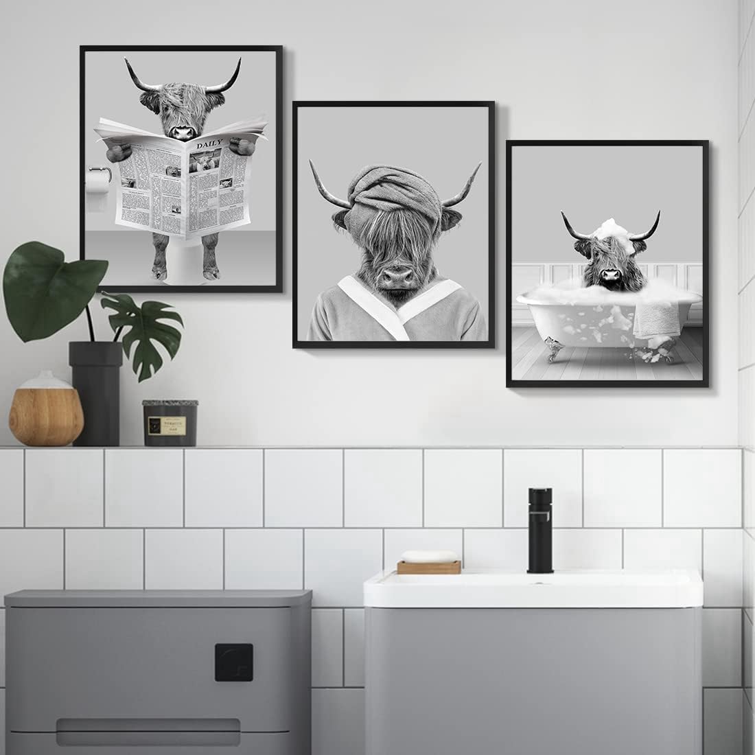 QPLGTU Bathroom Home Background Wall Decoration Poster, Black and White Highland Livestock Animal Decoration Photos Wallpaper - Image 4