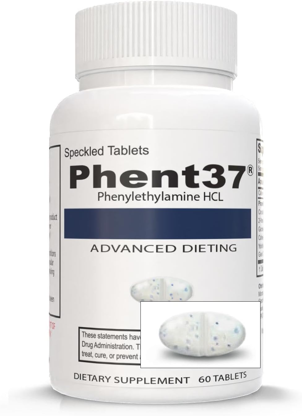 Phent37 (1 Bottle - 60 Speckled Tablets) - Advanced Phenylethylamine HCL Dietary Nutraceutical, Premium Small White and Blue Tablets, Boost Metabolism, Weight Management for Men and Women