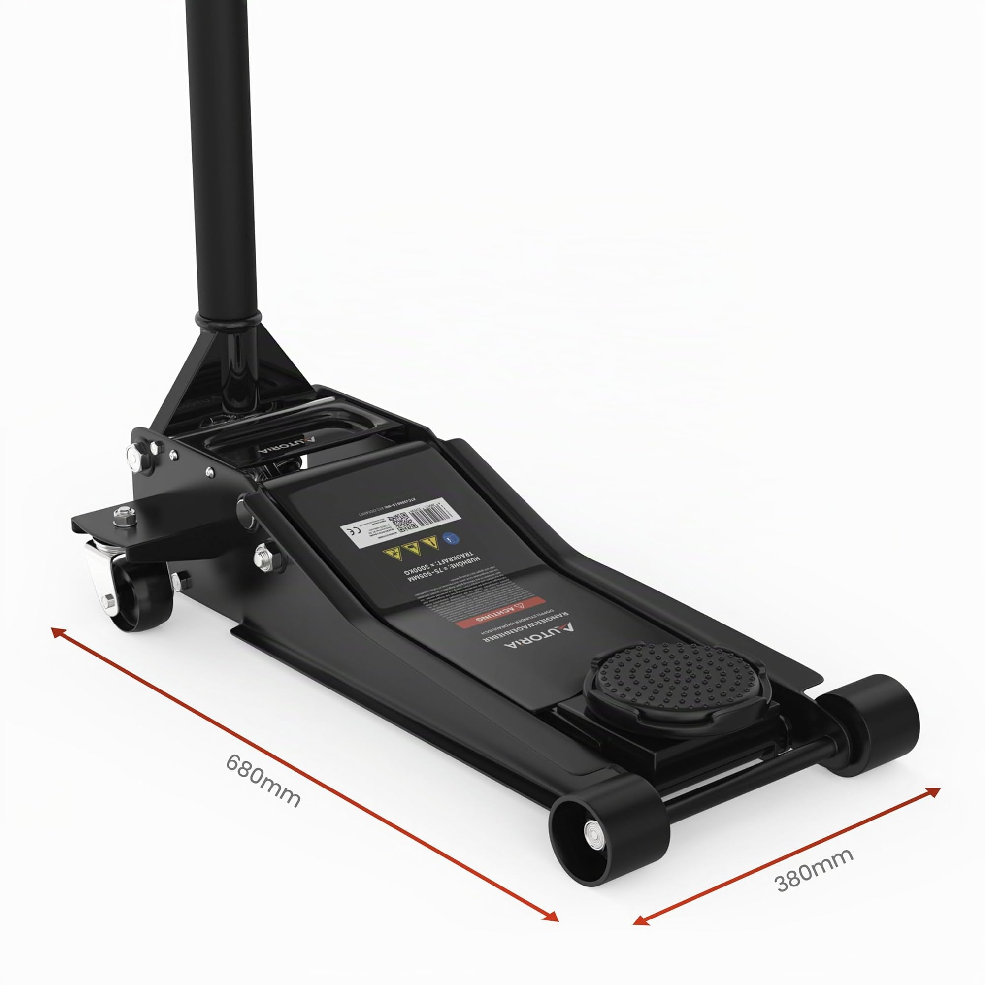 Cric idraulico 3T piatto, altezza di sollevamento 75-505 mm, con 2 cuscinetti in gomma, professionale per auto, ruote a 360°