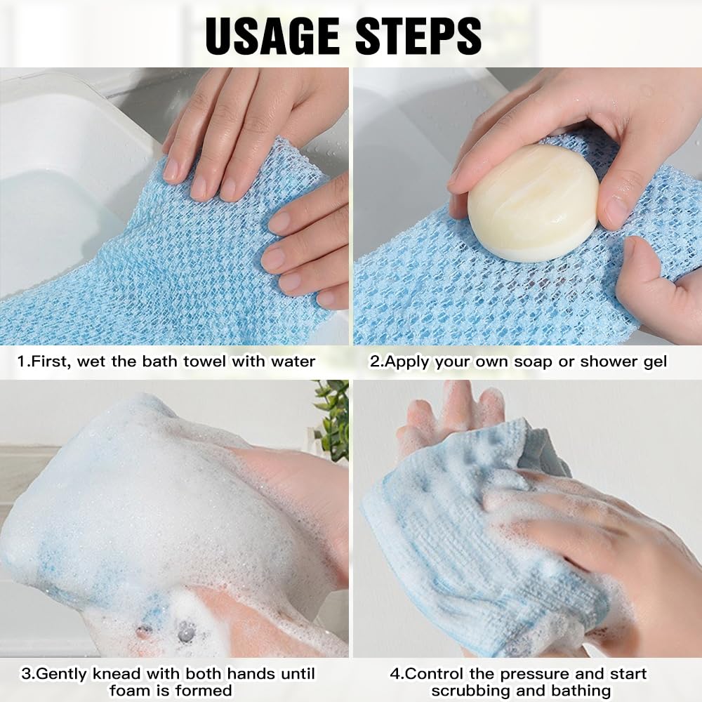 Serviette Exfoliante Douche 2 Pièces, Brosse de Dos, Gant Exfoliant, Éponge de Douche, Accessoire Gommage Corps pour Homme Femme (Rose+Bleu)