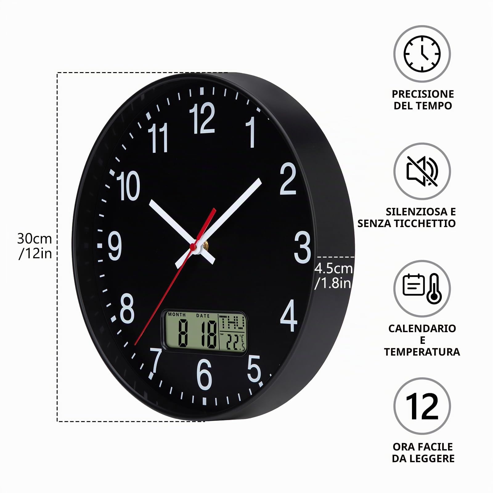 VIVILINEN Orologio da Parete Moderno Con Temperatura e Calendario, Orologio da Muro Silenzioso a Batteria Senza Ticchettio Decorativo per Soggiorno, Cucina, Camera da letto, 30cm