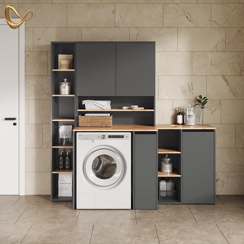 Livinity Mobile lavatrice Paolina, Antracite/Rovere dorato, 93.6 x 88.2 cm 2 parti con ripianoSpazio di stoccaggio aggiuntivo sopra l'elettrodomestico per detersivo e accessori
