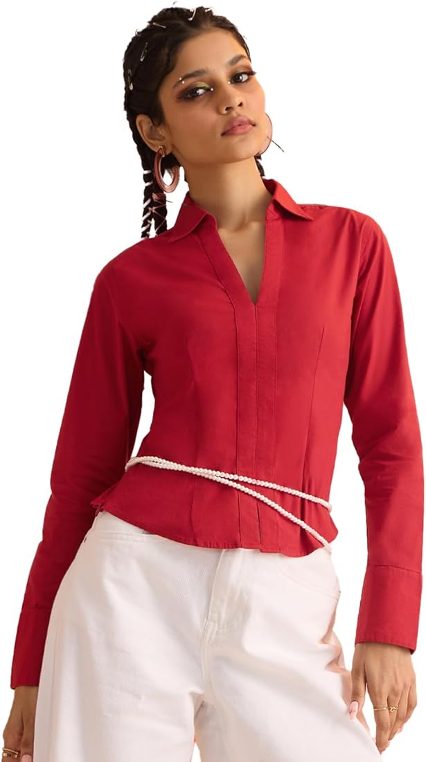The Souled Store Corset Shirt: Cherry Red Women and Girls Long