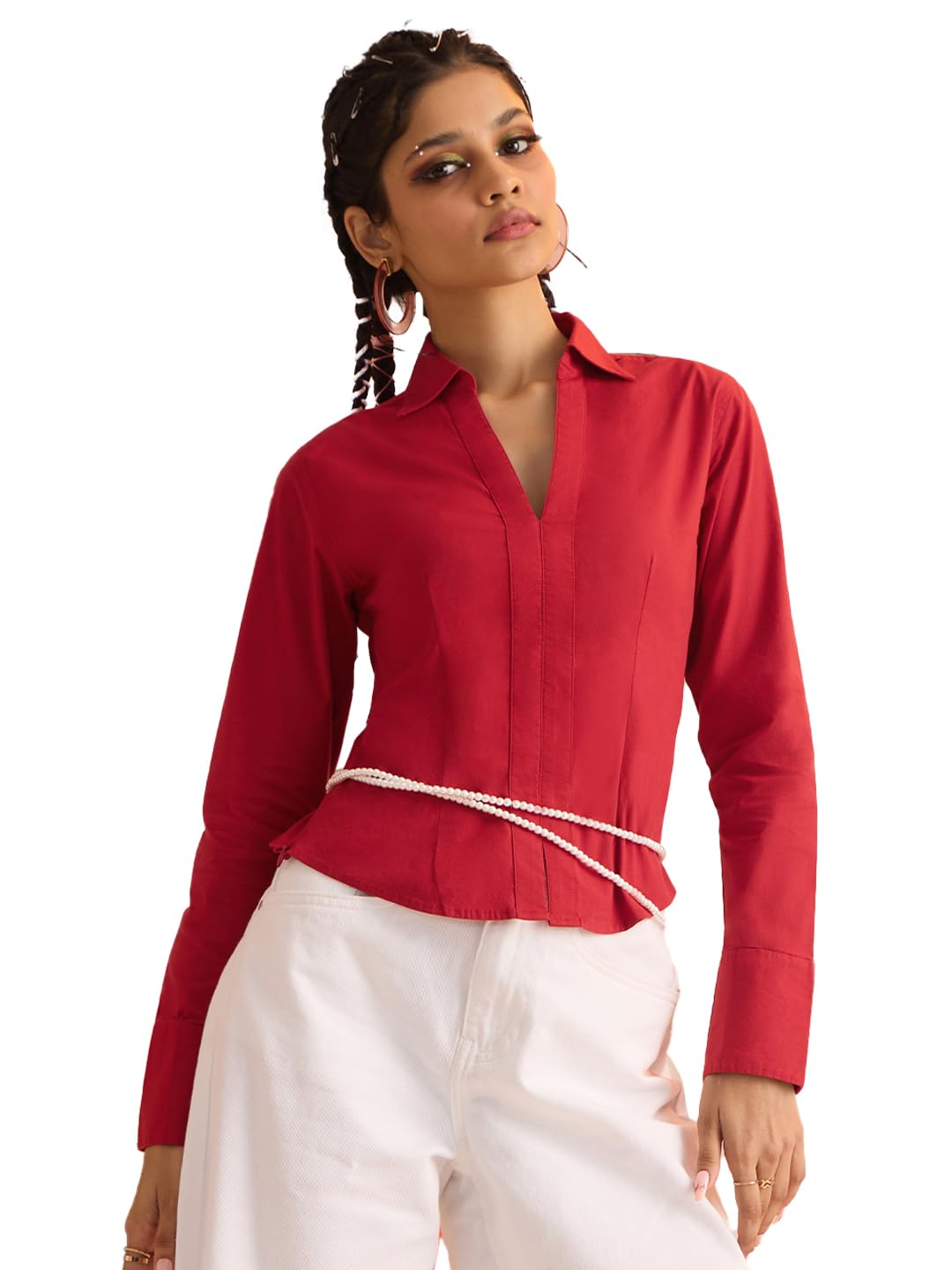 Corset Shirt: Cherry Red Women and Girls Long Sleeves Collared Neck Button Front Fitted Shirts-image-14