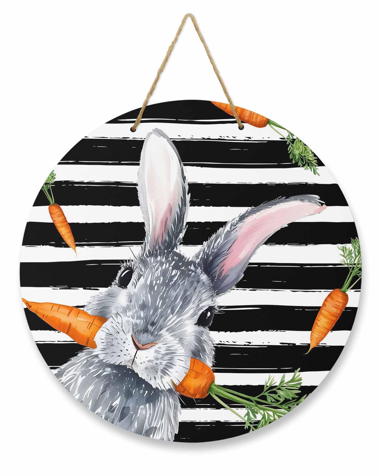 Seasonal Front Door Welcome Sign, Happy Easter Bunny Carrot Black White Stripe Round Wood Wreaths Wall Hanging Sign for Outdoor Porch Wall Pediments