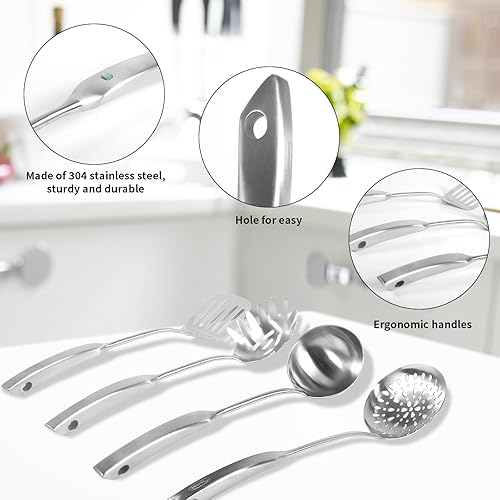 Miniatura 8 de Newness - Juego de 4 utensilios de cocina de acero inoxidable 304, accesorios de cocina de metal, incluye cucharón de sopa, cuchara espumadera
