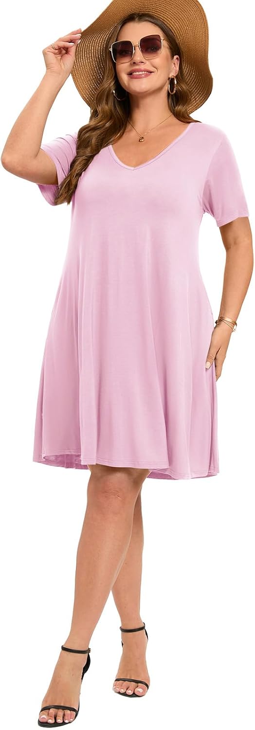 ZENNILO Women's Plus Size Swing Dress with Pockets Casual Summer Dresses V Neck Short Sleeve T Shirt Dress for Women Pink, 1X - Image 7