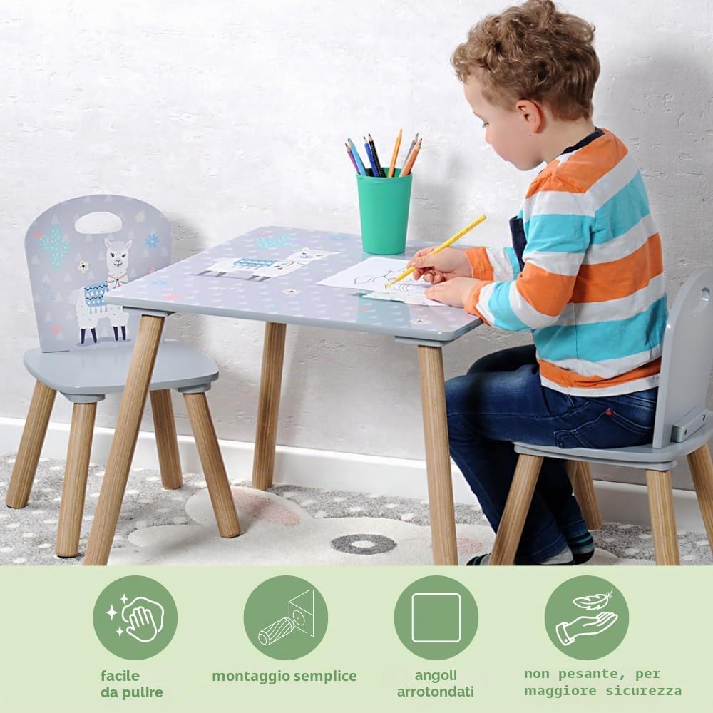 Kesper 1770213 1 Tavolo per Bambini con 2 Sedie, Grigio - Motivo: Alpaca