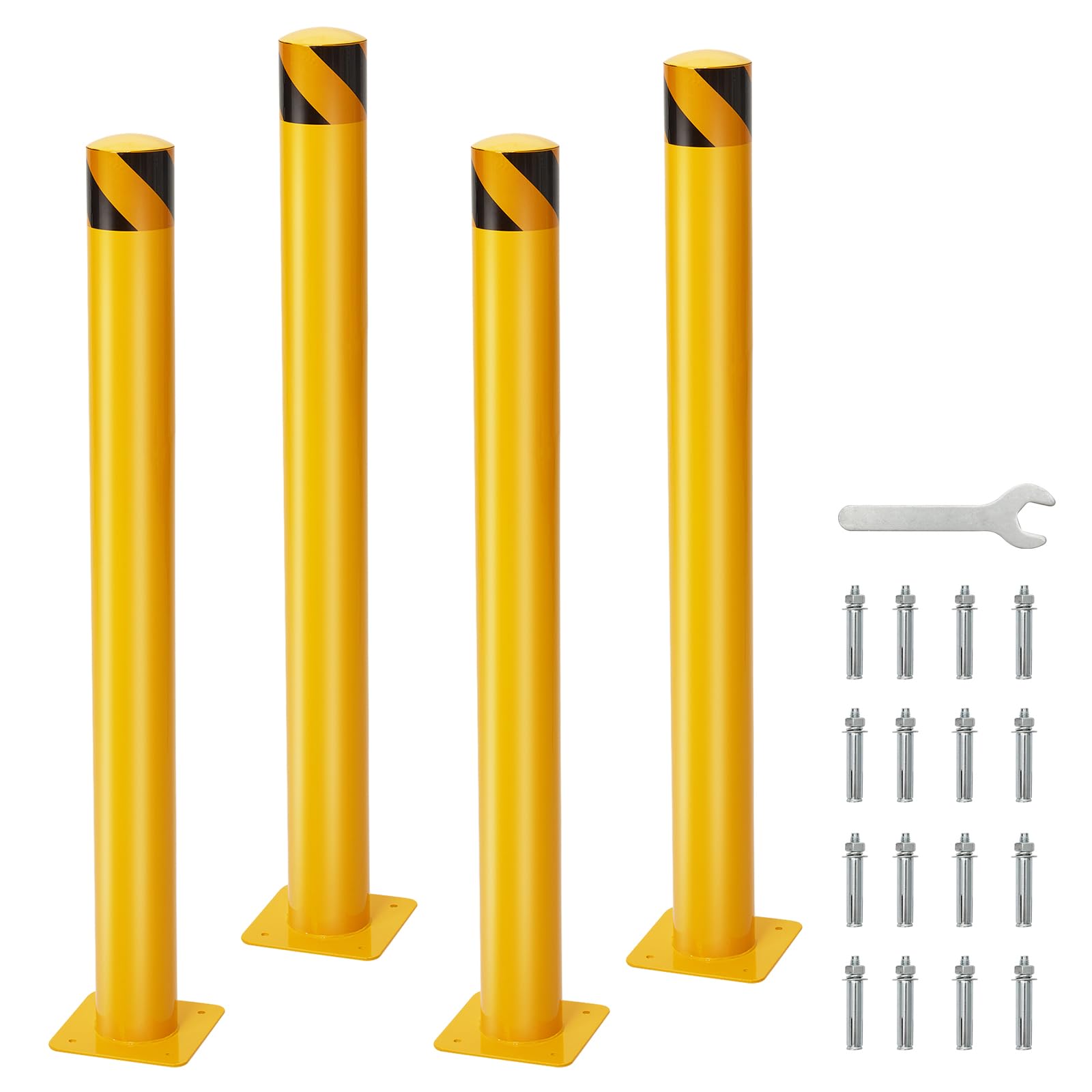 4 Pack 42"" Safety Bollard Post, 4.5"" Pipe Diameter Steel Safety Barrier Bollard, Bolt-On, Bright Yellow High Visibility Safety Parking Barrier Post