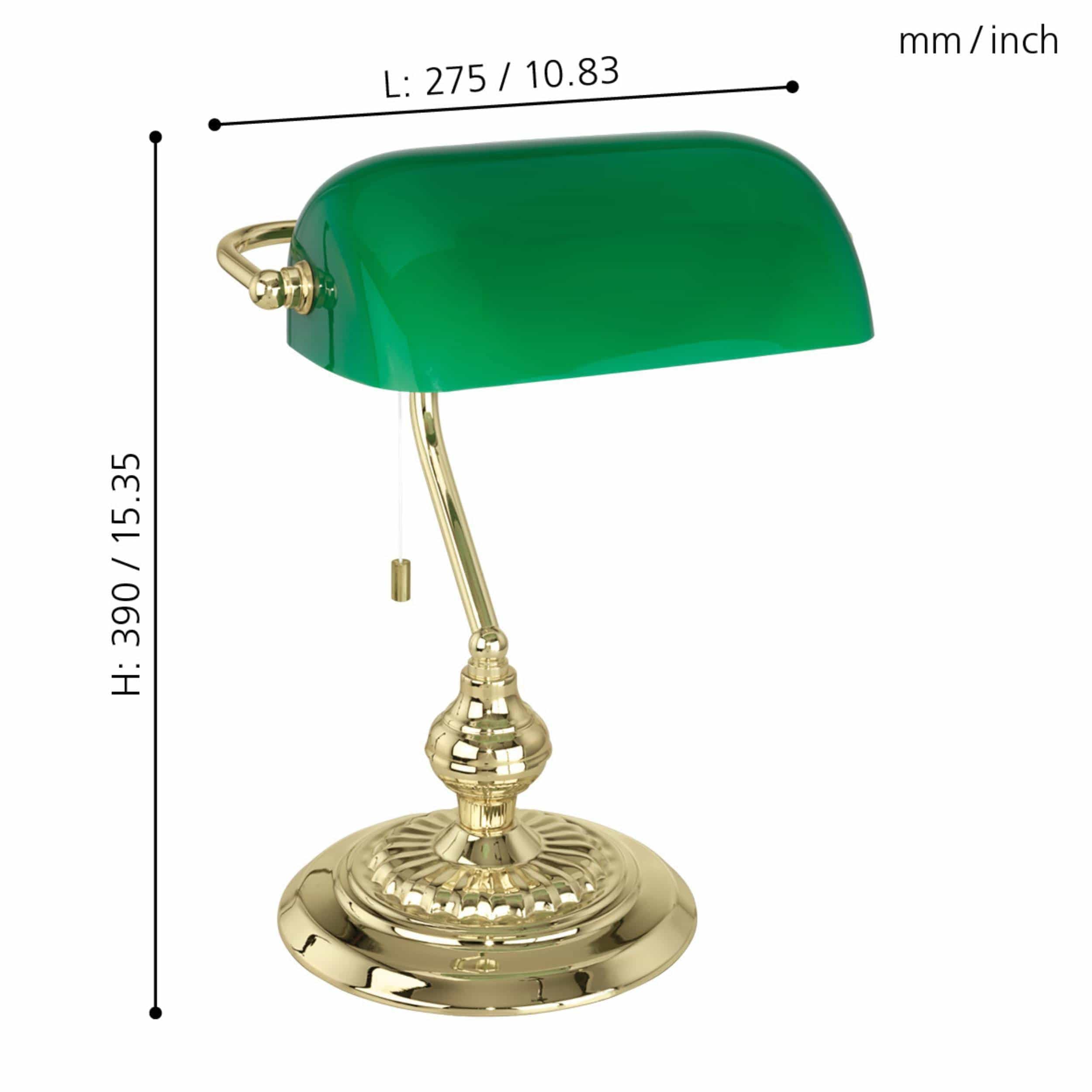 Eglo lampada da tavolo Banker, vintage, retrò, art decò, classica, lampada | da scrivania, da comodino e da ufficio in acciaio ottone e vetro verde, lampada con interruttore a tirante, presa E27