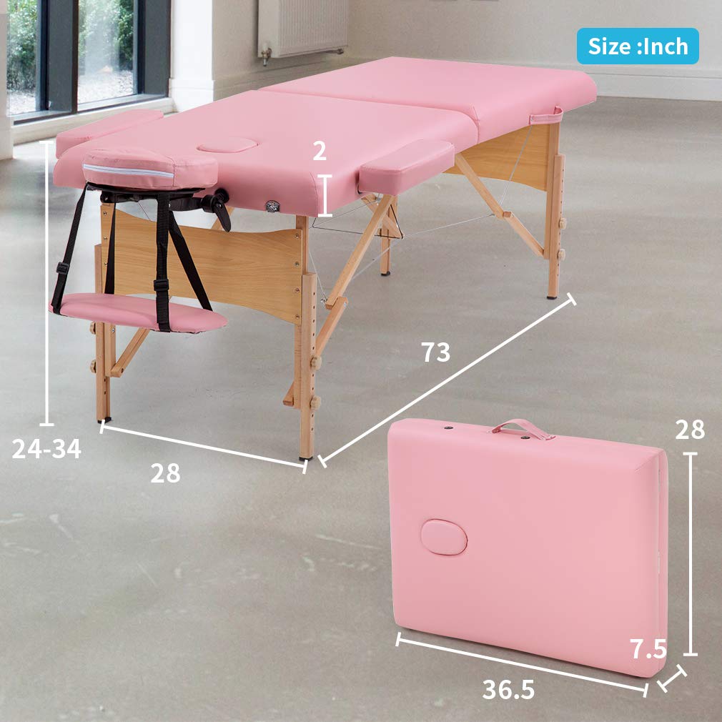 BestMassage Massage Bed Portable Massage Table 24 inch Wide Lash Bed Height Adjustable 2 Folding Spa Table with Non-Woven Bag for Spa Footmassage Facial CareSpa Tattoo: 28 inch wide Pink