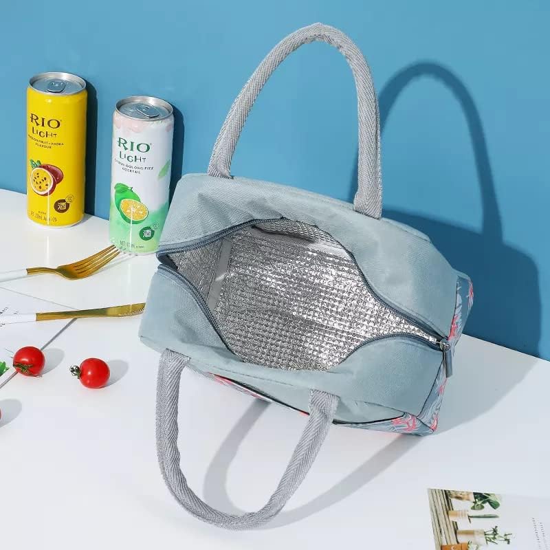 Image of Insulated Lunch Bag for Office, School, Men, Women, Hot & Cold Lunch Box, Tiffin Pouch (Grey Flamingo Lunch Bag (Half Print))