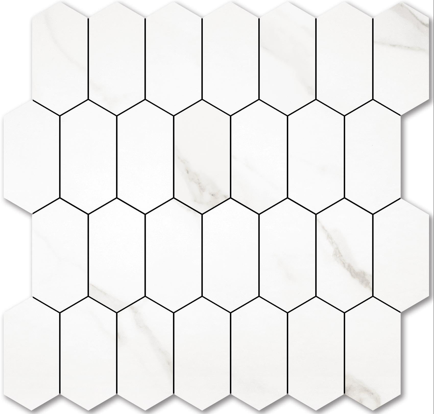 Vamos Tile Long Hexagon Peel and Stick Backsplash Tile - 10 Sheets Stick on Backsplash for Kitchen and Bathroom 12.4 x 12 Inch White Marble Look PVC Self Adhesive Mosaic Wall Tiles