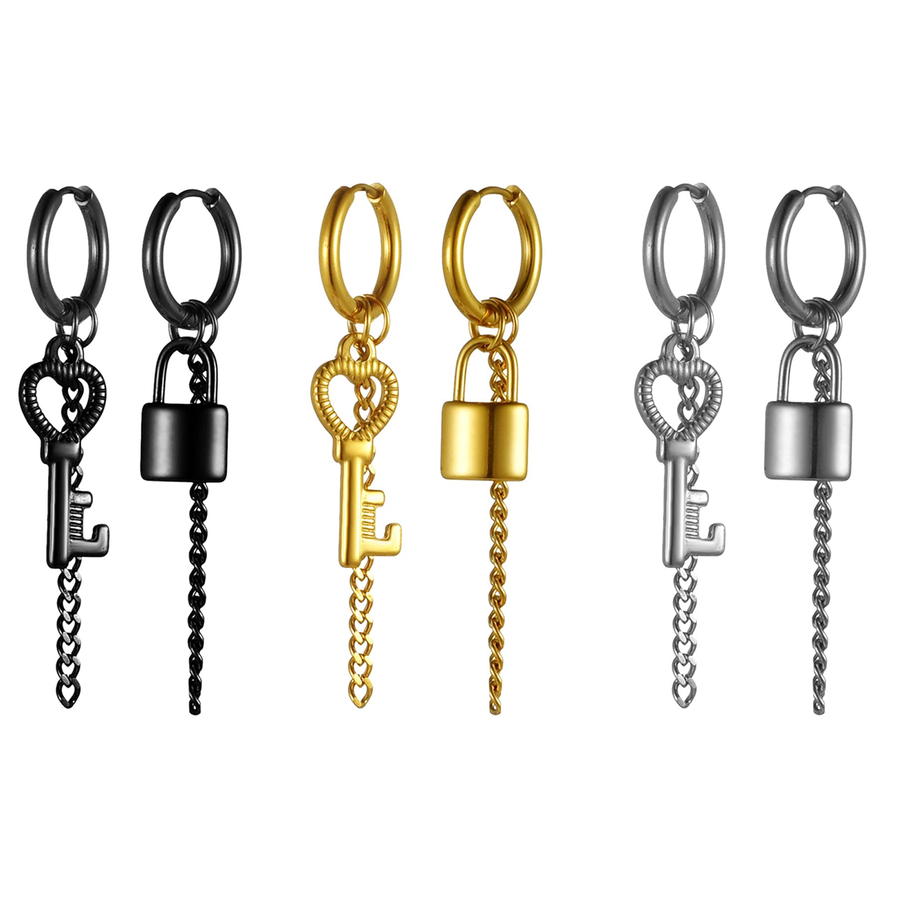 Lock Key and Long Chain Earrings Set for Women Men, Stainless Steel Dangle Hoop Earrings Hinged Piercing Hoops for Valentines Halloween