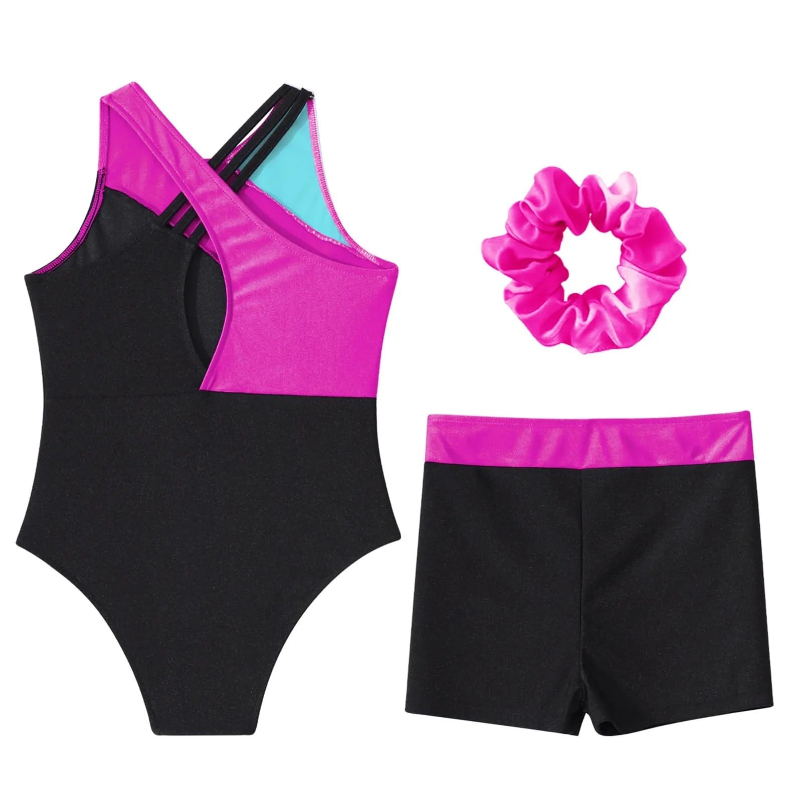Gymnastikanzug Mädchen Ärmelloses Glitzer-Gymnastik-Trikot for Mädchen, Ballett-Tanz-Ganzanzug, Strass-Biketard, passende Shorts, Haargummis-Sets(Pink A,12)