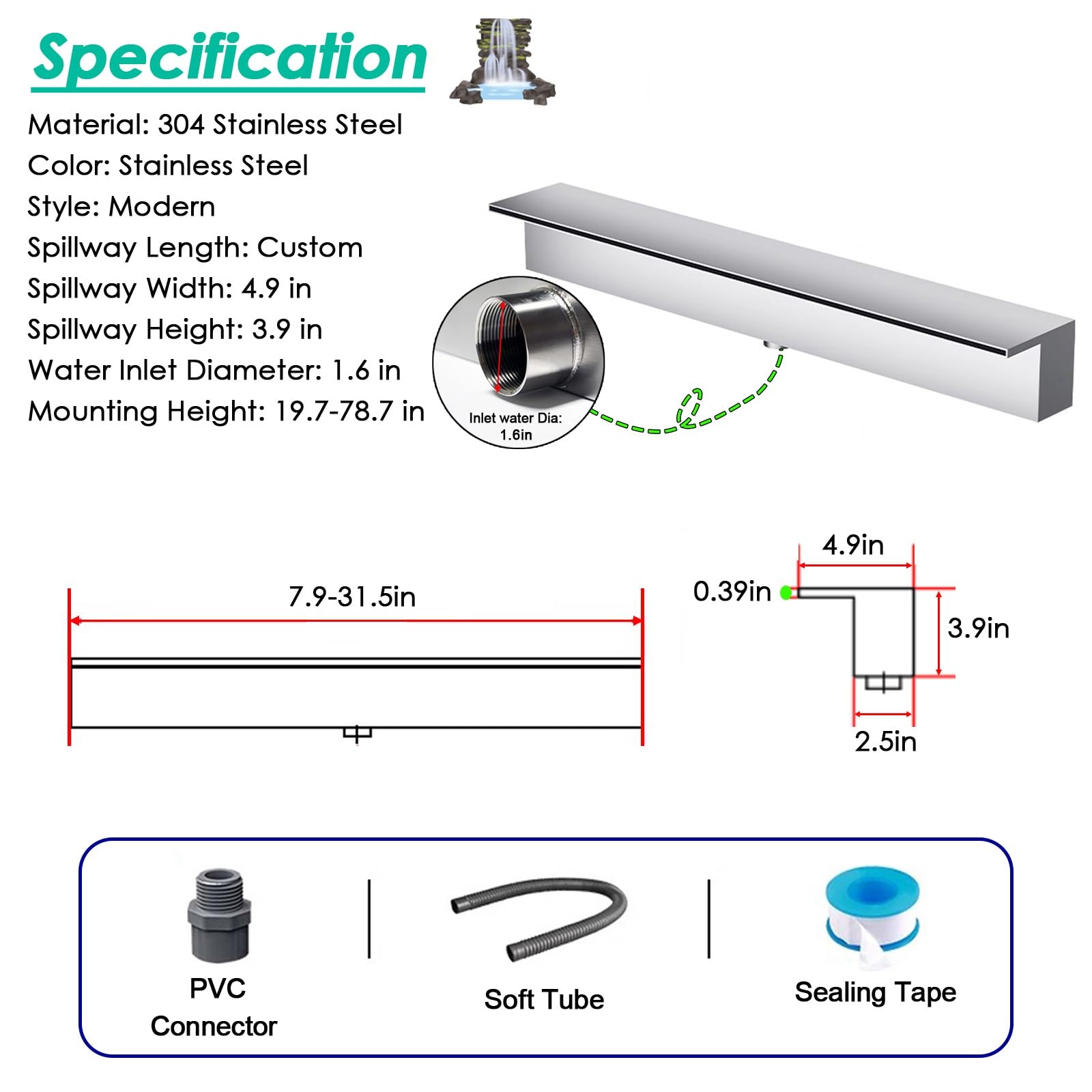 Bocchetta per Cascata in Acciaio Inox - da 30 a 90 cm di Larghezza, Montaggio a Parete, per Giardino, Villa, Hotel, laghetto - Finitura Argento Resistente