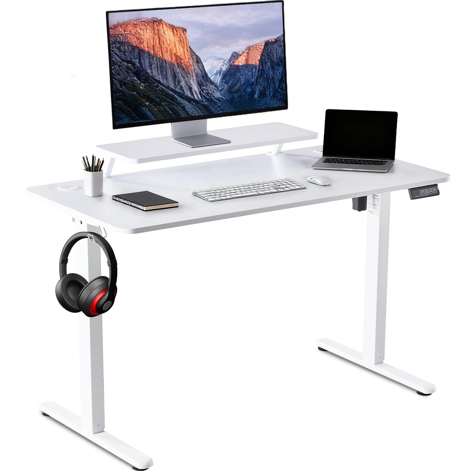 DUMOS Höhenverstellbarer Schreibtisch 120 x 60 cm, Elektrischer Schreibtische Höhenverstellbar, Gaming Tisch mit Monitorständer, Stehpult Verstellbarer Computertisch, Adjustable Standing Desk, Weiß