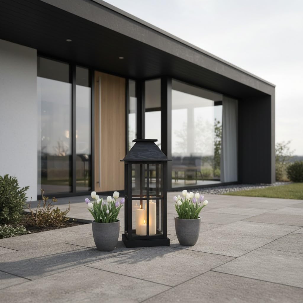 Weeco Farol grande de madera antracita con láminas de plexiglás, 74 cm de alto, 31 cm de ancho, elegante farol decorativo para velas