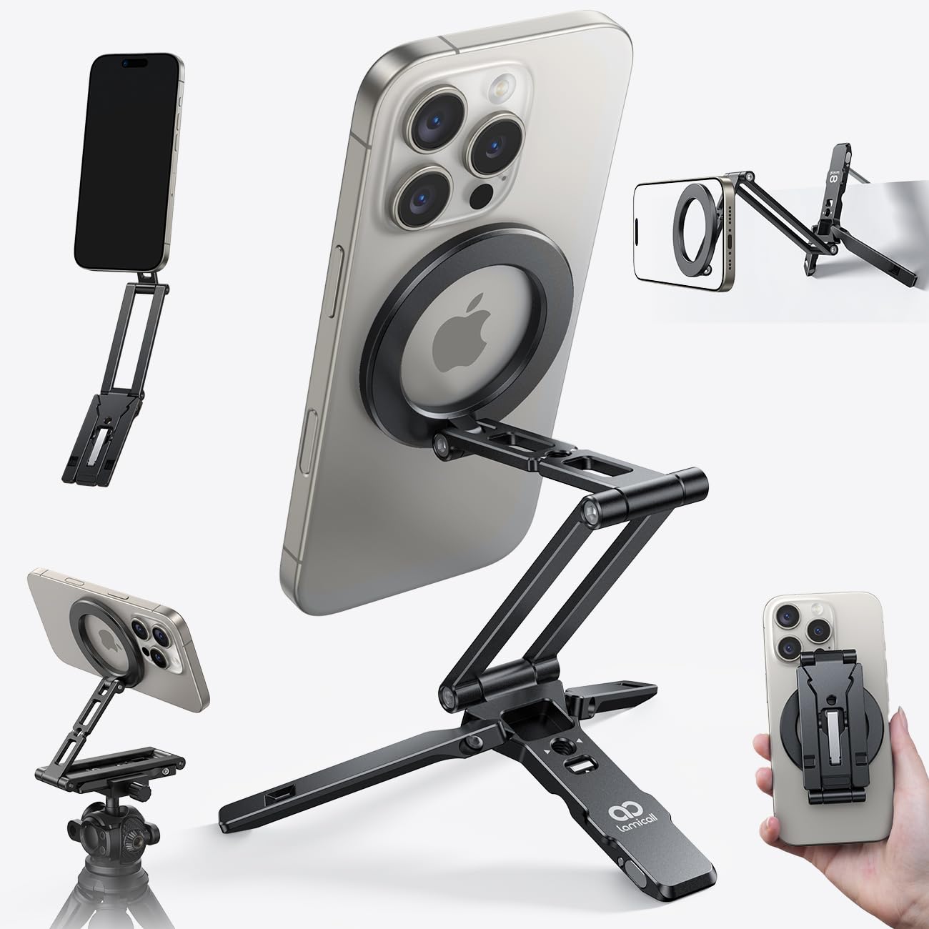 Lamicall for Magsafe Tripod Stand - [Ultra-Compact] Aluminium Magnetic Phone Tripod, Flexible Cell Phone Mount with 1/4" Screw, Arca & Hook for iPhone 16/17 Pro Max Fits Travel, Desk Vlog Gym, Black