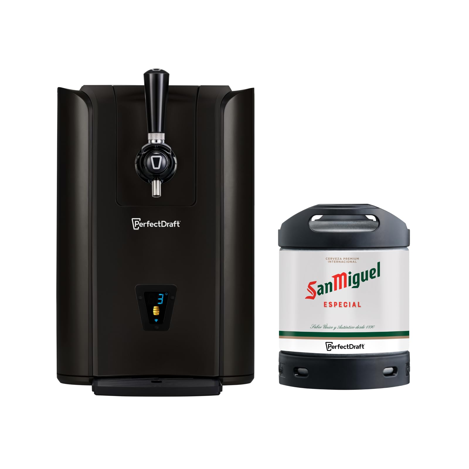 PerfectDraft Pro Black Home Beer Cooler and Dispenser System and San Miguel Keg