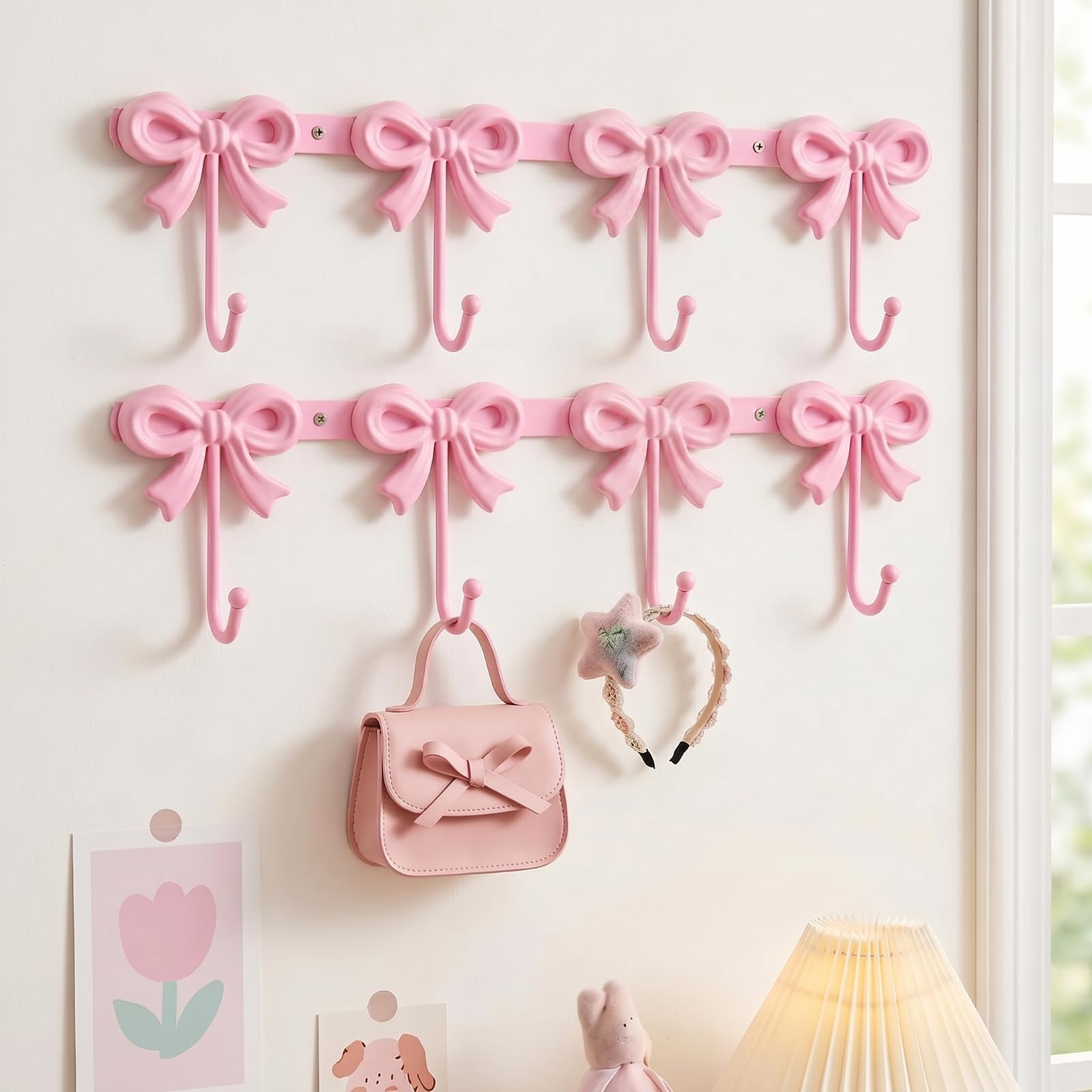 Photo 1 of Otoolling 2 Pack Pink Bow Hooks Coat Rack Wall Mounted Metal 4 Hooks