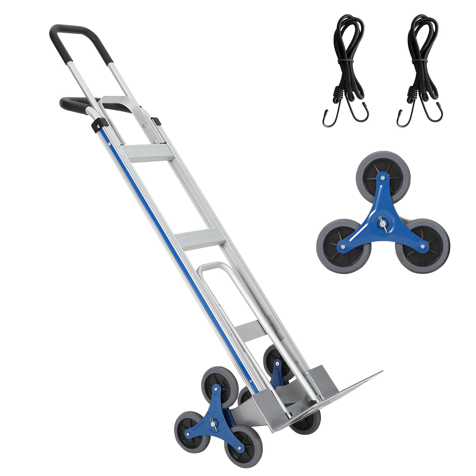 Carretilla De Mano De Aluminio 2 En 1 para Subir Escaleras, Resistente, con Capacidad De 272 Kg, 6 Ruedas, Base Extensible, Asas Dobles Y Cuerdas Elásticas