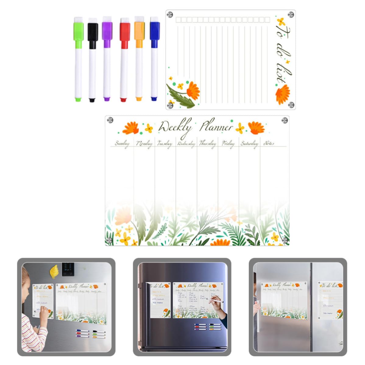 GALPADA Lavagna Magnetica Frigorifero Trasparente A3+a4, Lavagna Cancellabile a Gesso per Promemoria e Calendario, Planner Magnetico da Tavolo per Ufficio e Casa, Set 8 Pezzi