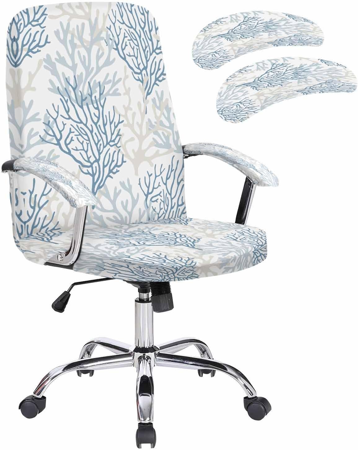 DecorLovee Blue Grey Coral Coastal Office Chair Cover with Armrest Covers & Zipper, Summer Beach Spandex Computer Chair Covers, Seaside Nautical Universal Rotating Desk Chair Slipcovers Protector, S