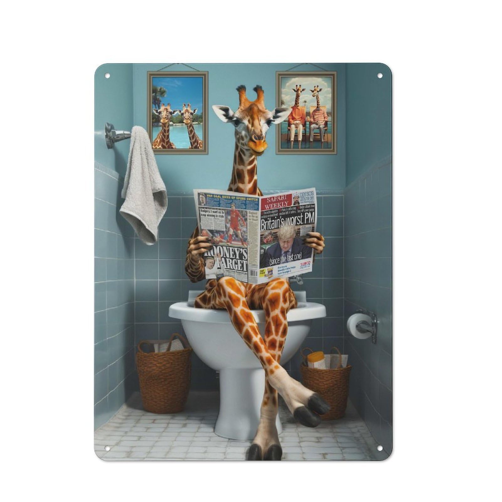 Retro Tin Sign 40x30cm Featuring Funny Giraffe Using Toilet for Home Bar Wall, for Collectors Decorating Home Bars And Entertaining Spaces