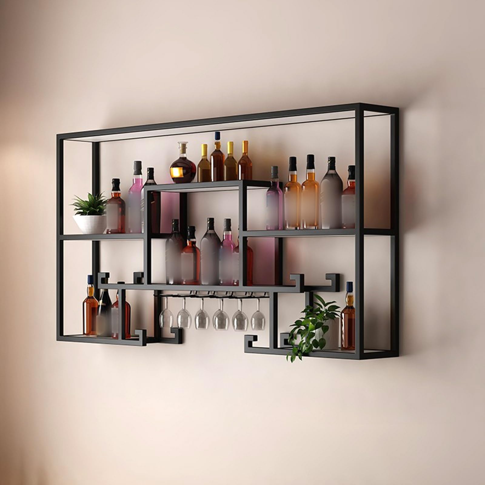 Étagère murale avec support en verre et éclairage LED pour bouteilles