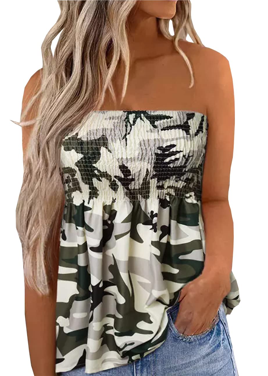 Floral Smocked Ruffled Strapless Bandeau Tank Women Summer Backless Tube Top Sleeveless Loose Holiday Shirts Blouse