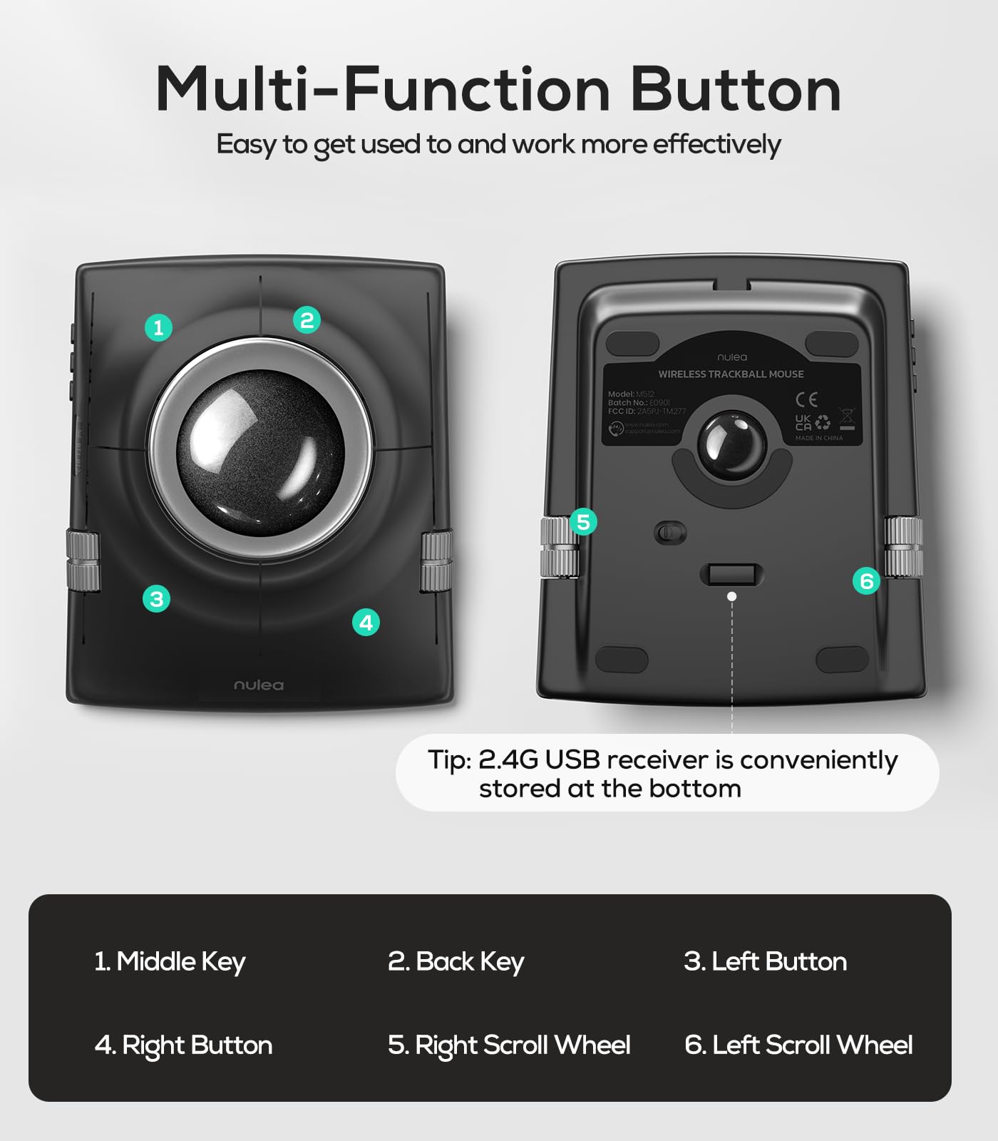 Nulea M512 Kabellose Trackball-Maus, ergonomischer 55-mm-Trackball, einstellbare DPI für präzise Steuerung, kompatibel mit Links- oder Rechtshänder, wiederaufladbar-Black