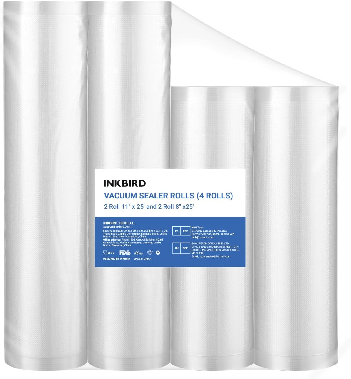 INKBIRD 4 Rolls Vacuum Sealer Bags, 11" x 25' 2 Rolls & 8" x 25' 2 Rolls Vacuum Sealer Rolls for Food Saver, Sous Vide Bags Food Storage Freezer Sealer Bag for Cooking with BPA Free