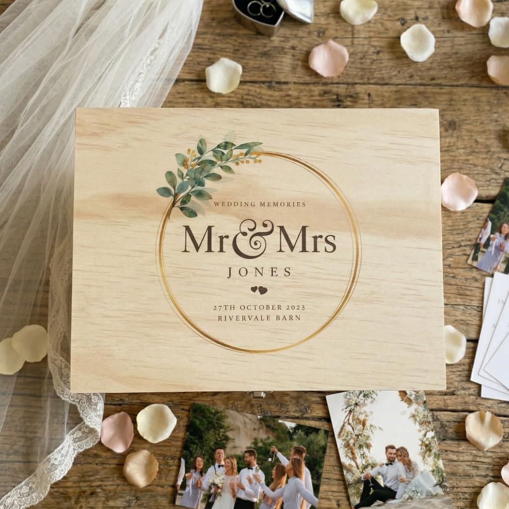 Caja de recuerdos de boda de madera personalizada, regalo de boda personalizado, mensaje, apellido, fecha y lugar, regalo perfecto para el día de la boda, diseño de corona dorada y hojas, 26 x 19 x