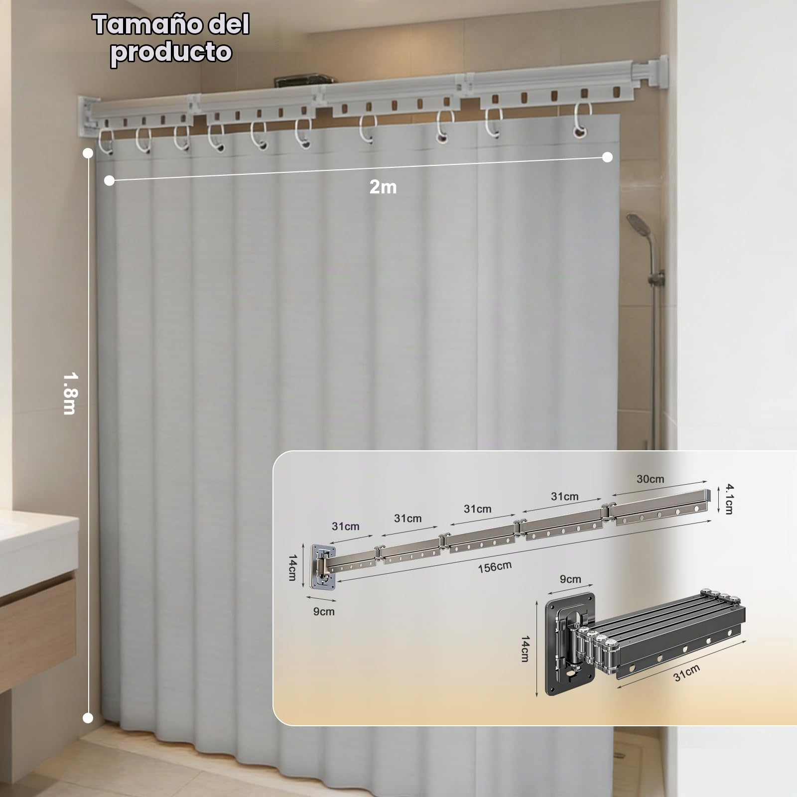 Barra de cortina de ducha plegable con ventosa, plegable en 5 secciones, giratoria, para montaje en pared, barra de cortina de ducha para esquinas, aleación de aluminio, 180 x 200 cm, impermeable y an