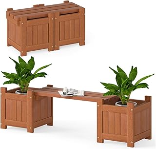 2-in-1 Outdoor Planter Box and Bench Set – Solid Wood Construction with ...
