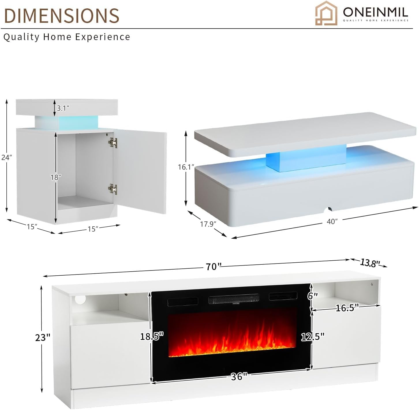 MXV 5-Piece Modern Table Set Includes 70" TV Stand with Electric Fireplace, 40" White Coffee Table, 6-Tier White Bookcase and 2 End Tables with Charging Station, Living Room Table Sets.
