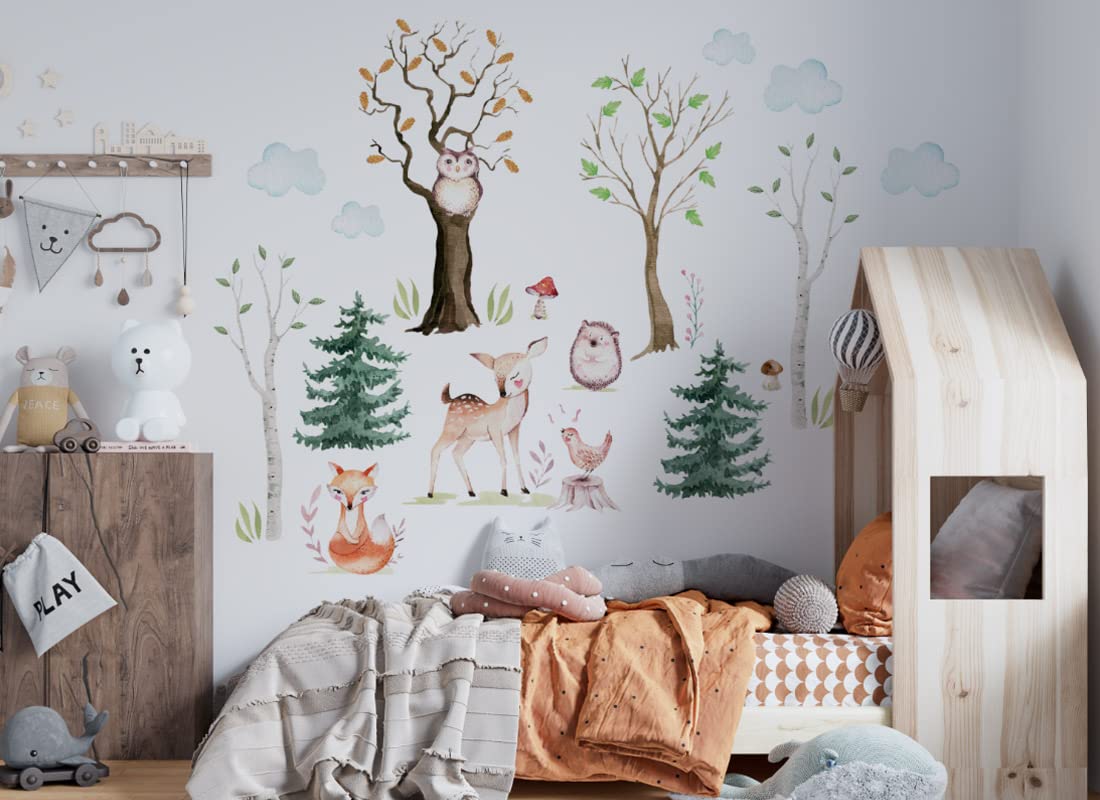 adesivo da parete per bambini, motivo: animali della foresta, foglie, cervo, riccio, uccelli, foresta, cameretta dei bambini, adesivo OS3621 (200 x 110 cm)