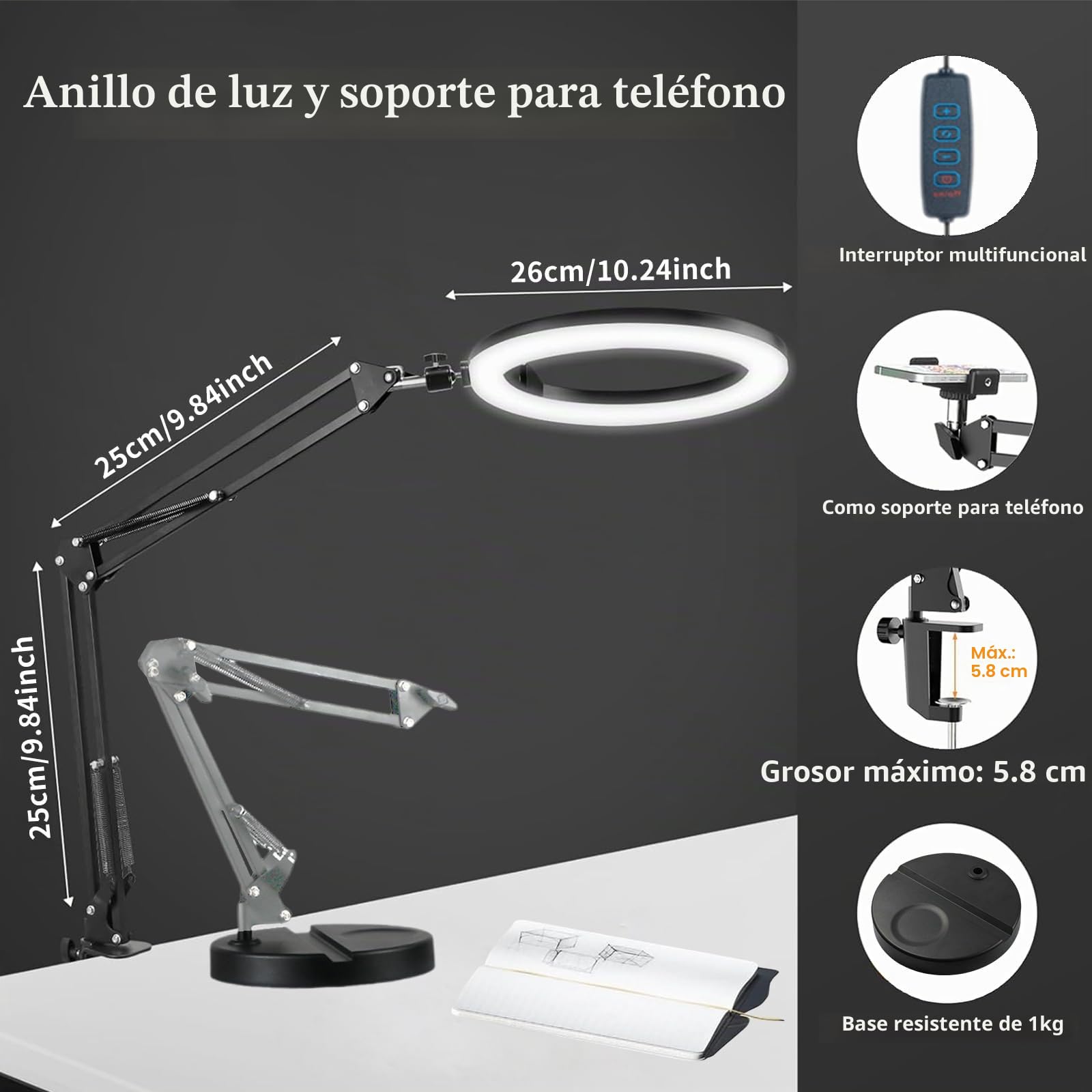 Aro de Luz con Tripode con Dos Bases, Brazo 10" Ring Light con 3 Modos 10 Brillos Regulables Anillo de Luz para TikTok, Maquillaje, Selfie, Streaming, Youtube, Twich Live(Sin Control Remoto)