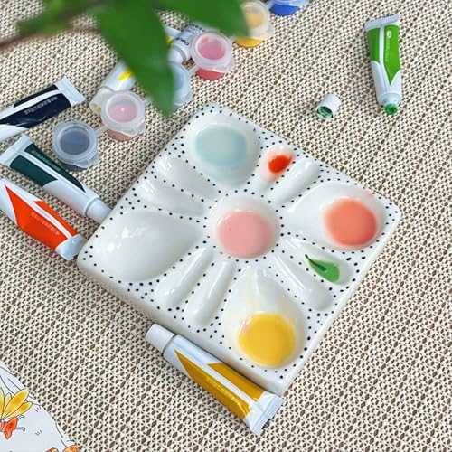 ANLYAWX Ceramic Watercolor Palette - Whimsical Black Polka Dot Design with Slanted Paint Well, Premium Glazed Ceramic Artist Palette for Watercolor & for Various pigments