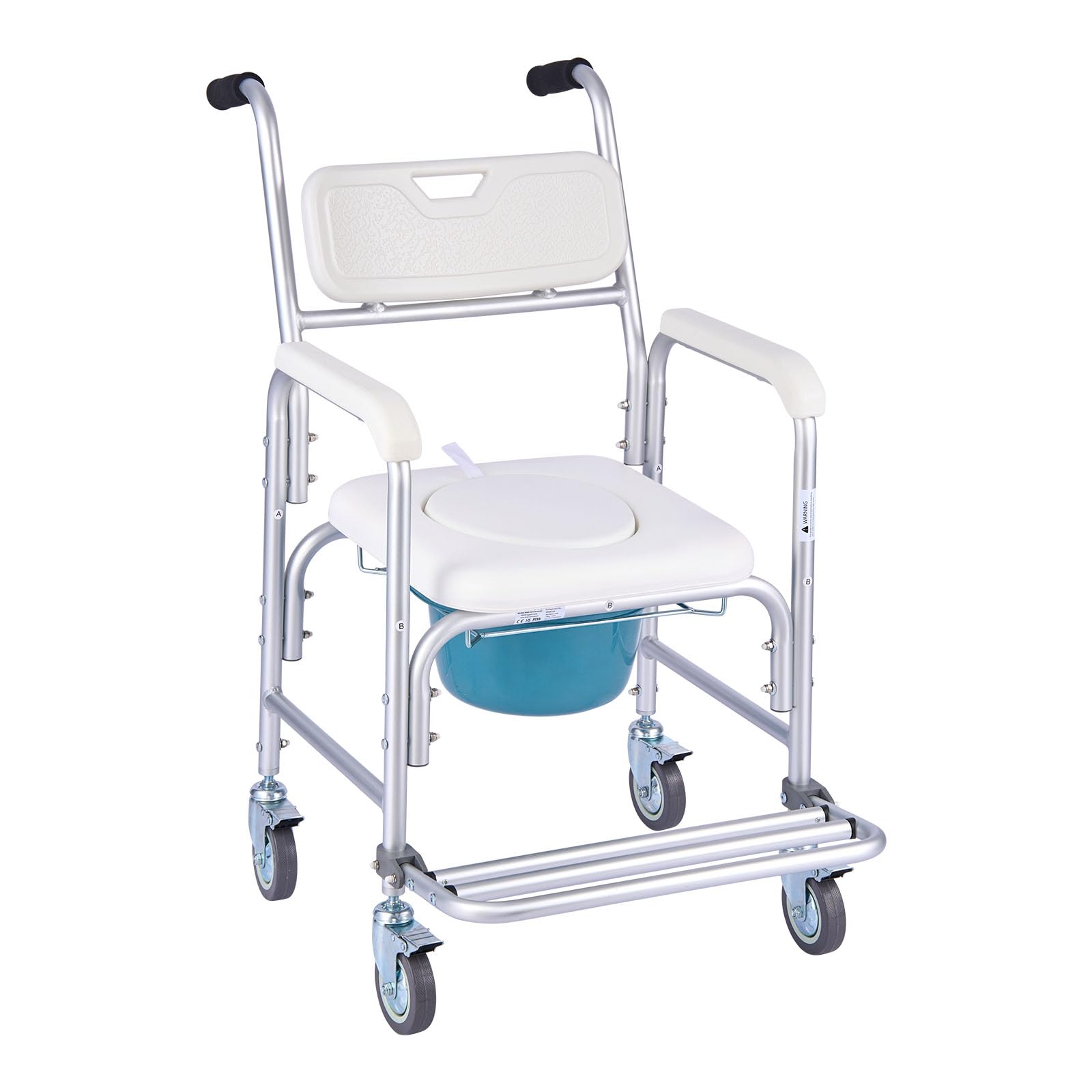 VEVOR Sedia Comoda da Comodino, Capacità 159 kg, WC Sedile Rialzato con Seduta Poggiapiedi Ribaltabile e Schienale Imbottiti, Secchio Staccabile 5 L, Sedia a Rotelle da Doccia per Anziani