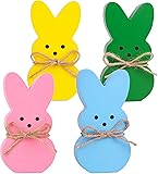 Easter Décor, 4 Pcs Wooden Peep Bunny Decorations for Tiered Tray, Mantel, Farmhouse, Cute Spring Signs for Home, Office, Party Supplies