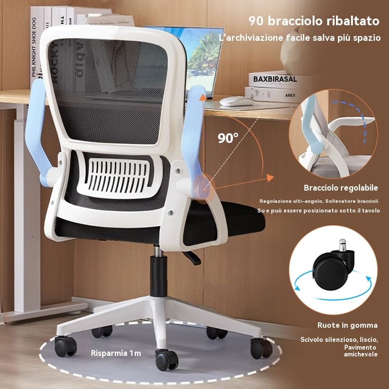 Sedia da Ufficio Ergonomica - Sedia Girevole in Rete Traspirante con Braccioli Ribaltabili e Supporto Lombare per Computer - Ufficio Domestico(Nero e Bianco)