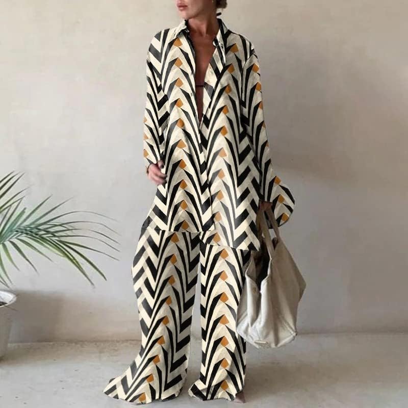 Womens 2 Piece Pants Outfits Set Boho Stripe Long Sleeve Button Down Shirts Blouses Tops Wide Leg Pants Sets2