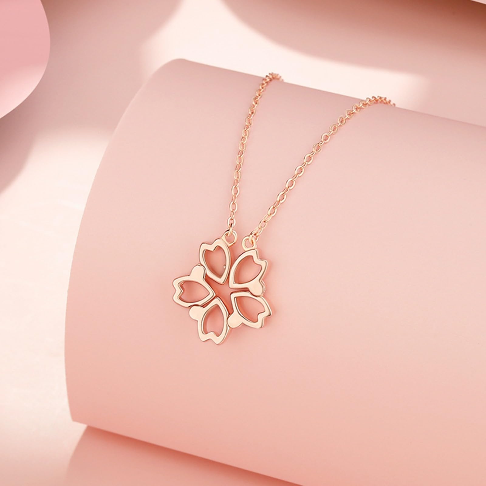 Collar de oro rosa para mujer, collar con colgante de flor de cerezo hueco liso de oro rosa de 9 quilates, 14 quilates, 18 quilates, cadena alargada: 40 + 5 cm
