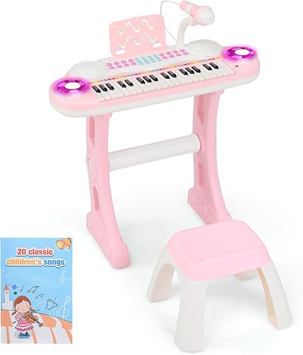 Costzon Piano de teclado de juguete para niños de 37 teclas con patas desmontables, banco, partitura de música, luz flash, canciones MP3 integradas,